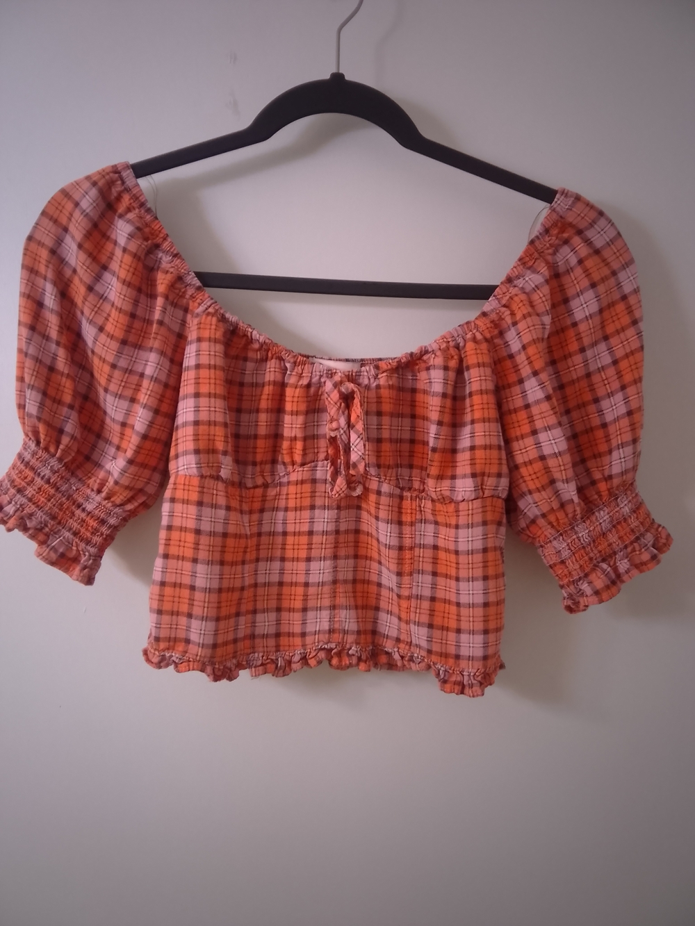 SO Orange Plaid Off-Shoulder Crop Top